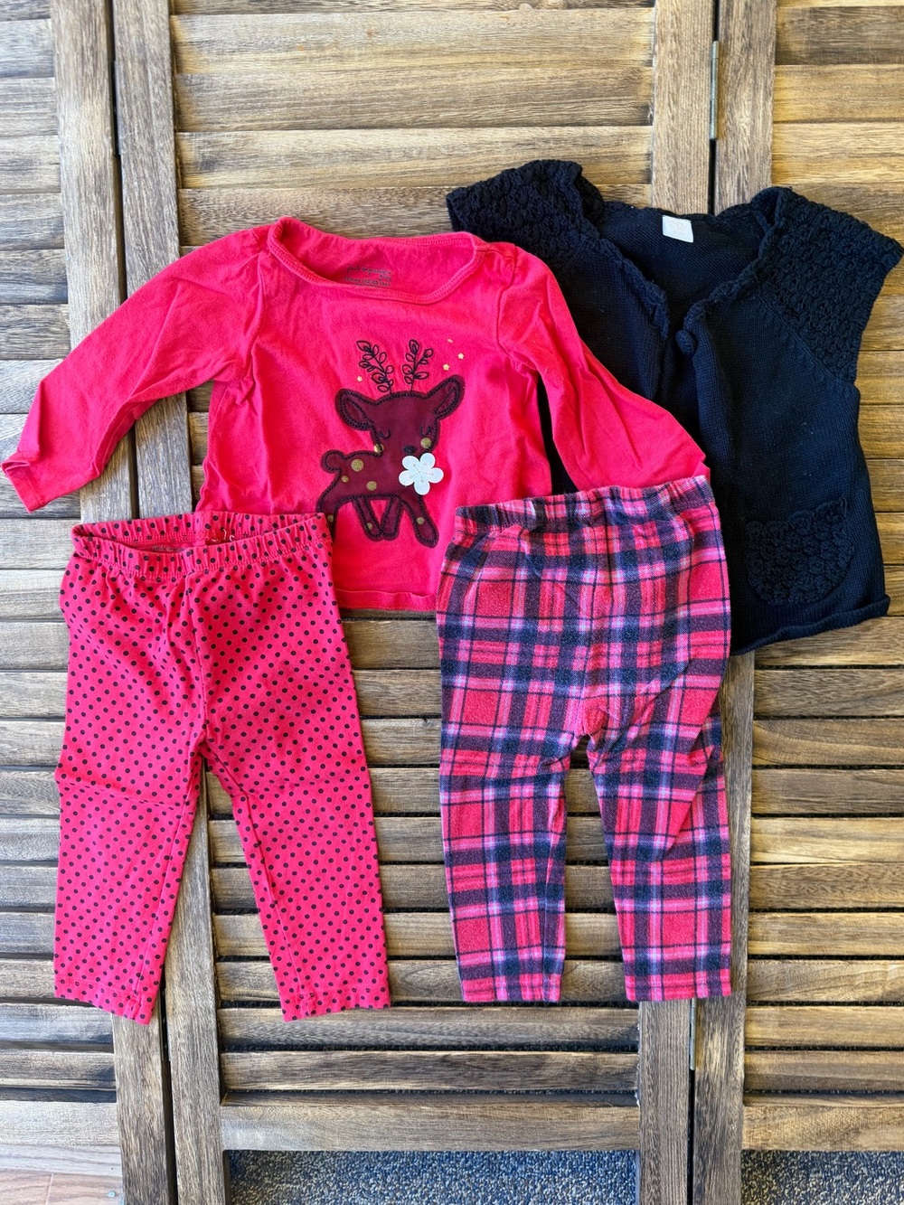 First Impressions Reindeer Top Red Plaid & Polka Dot Leggings Black Cardigan Set